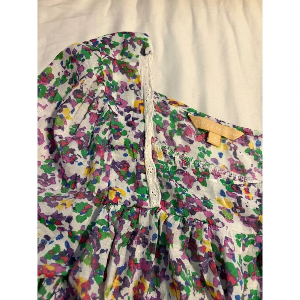 Hope & Harlow Floral Babydoll Top Womens Medium Multi-Color Lace Square Neck 3/4